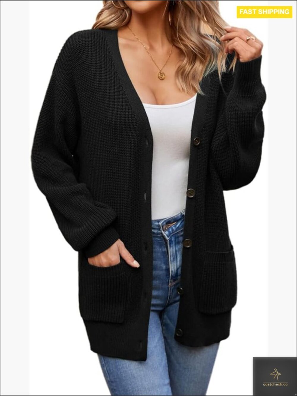Oversized 100% Cotton Cardigan Sweater Button Down V-Neck with Pockets
